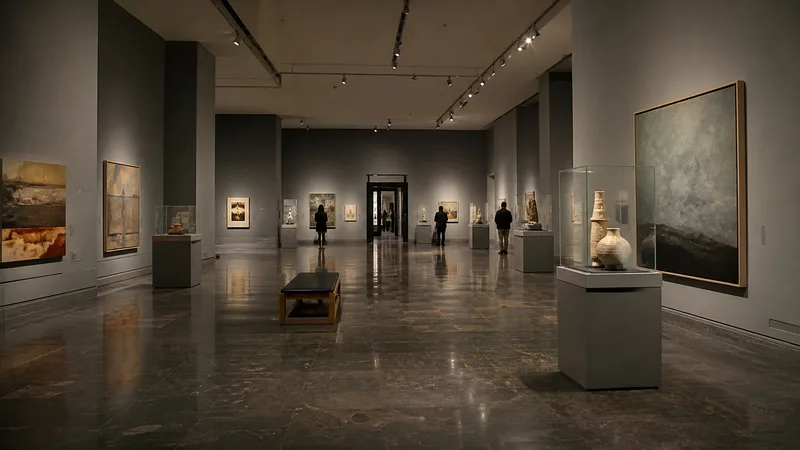 Sala accesible de un museo de arte con obras genéricas y visitantes vistos de espaldas