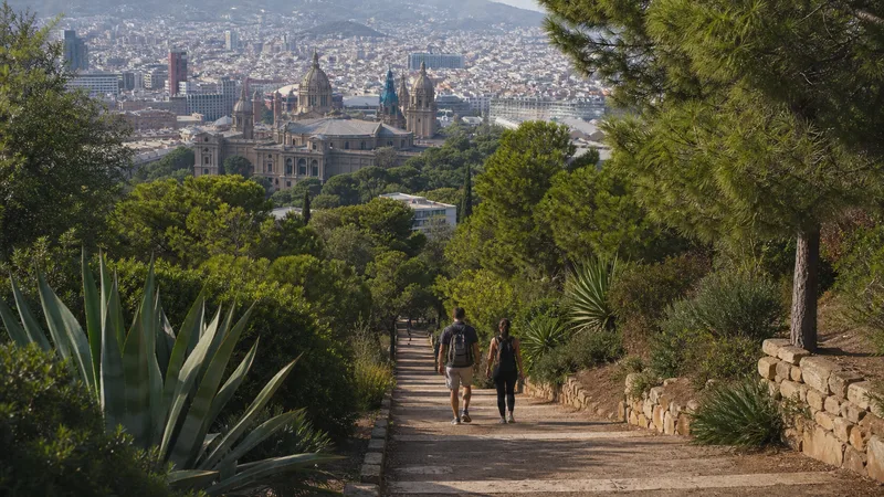 Caminantes descendiendo por jardines de Montjuïc con el Palau Nacional y Barcelona al fondo
