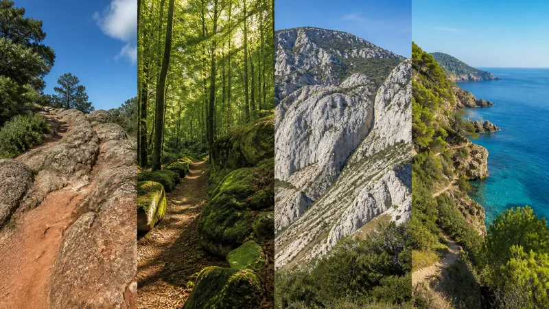 Cuatro paisajes de senderismo de la provincia de Barcelona: conglomerado, bosque, caliza y costa, sin personas