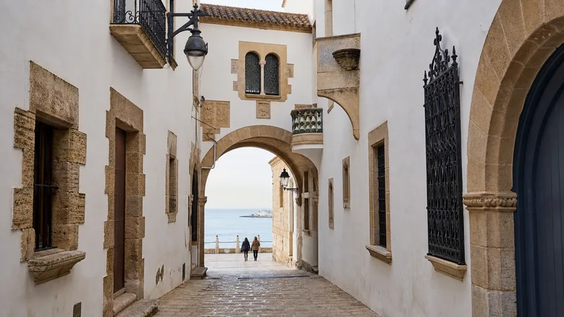 Calle de fachadas blancas y piedra en el casco histórico de Sitges, con un arco abierto hacia el mar