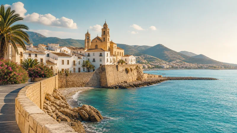 Vista editorial del promontorio histórico de Sitges, paseo y mar en luz de mañana, sin personas