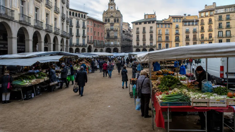 Mercado semanal en la Plaza Major de Vic, con puestos de alimentos, comerciantes y compradores