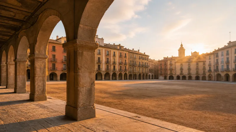 Plaza Major de Vic representada editorialmente al amanecer con soportales y suelo de tierra, sin personas