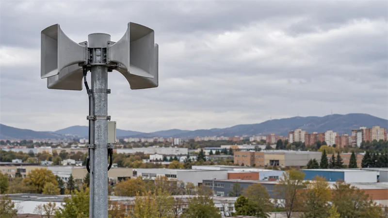 Sirena de aviso público instalada en un poste, con edificios residenciales e industriales al fondo bajo un cielo nublado.