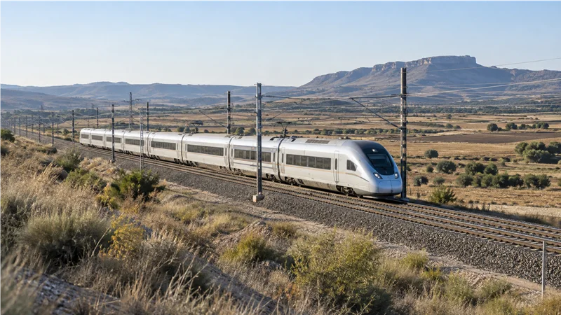 Un tren de alta velocidad circula por una línea electrificada entre campos áridos del interior de Aragón.