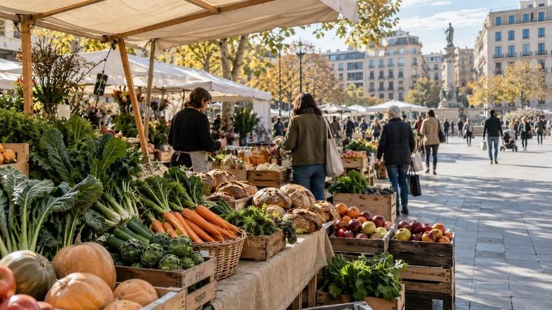 Puesto de mercado al aire libre con frutas, verduras y pan bajo una carpa, junto a visitantes en una plaza.