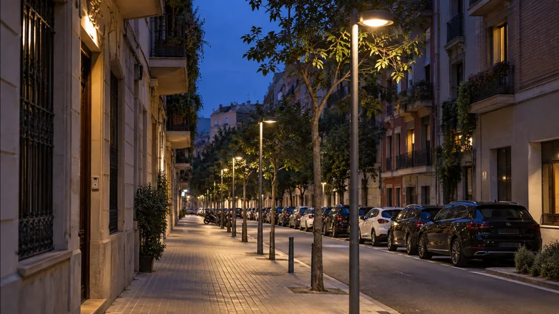 Una calle urbana con edificios residenciales y farolas encendidas al anochecer.