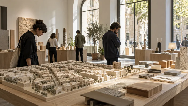 Visitantes observan una maqueta urbana y prototipos en una sala de exposiciones contemporánea.